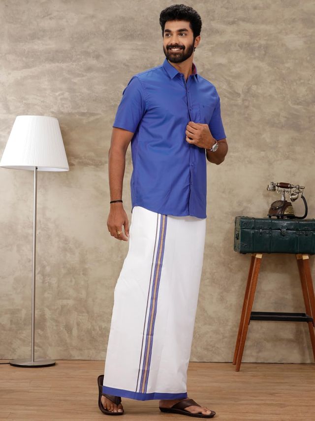 RAMRAJ COTTON tradtional half sleeve shirt with border dhoti for men