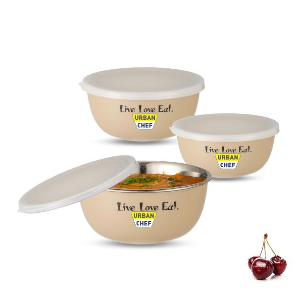 URBAN CHEF Mixing Bowl Set of 3 Stainless Steel (500ml, 800ml,1250ml) | Microwave Safe & Dishwasher Safe | Bowl Set with Lid | Bowl Set for Gift | Bowls for Snacks | Serving Bowls Kitchen Accessories