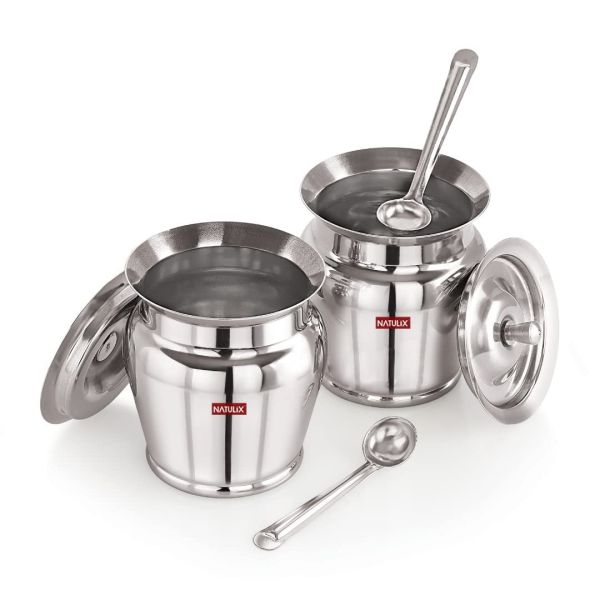 Stainless Steel Ghee Pot | Oil Pot | Ghee Pot with Spoon and Lid | 400ml | Silver | 400ml | Pack of 2