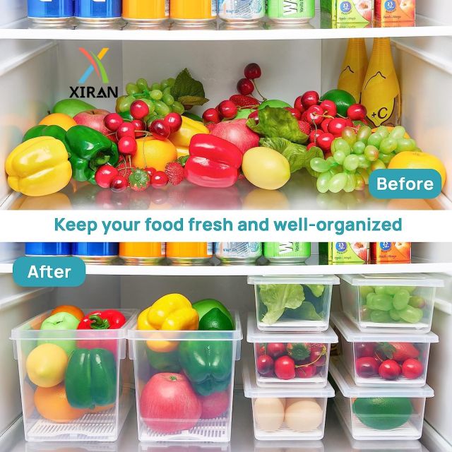 Xiran 6 Fridge Storage Boxes Fridge Organizer With Removable Drain Plate&Lid Stackable Fridge Storage Containers Plastic Freezer Storage Containers For Fish,Meat,Vegetables,Fruits(1500Ml),Transparent