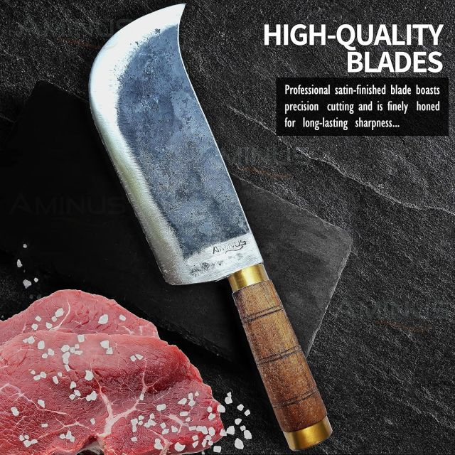 AMINUS Brand - Heavy Duty Premium Meat Cleaver High-Carbon Iron Steel Wooden Gripped Full Tang Handle Traditional Handmade Knife (8-inch Blade)