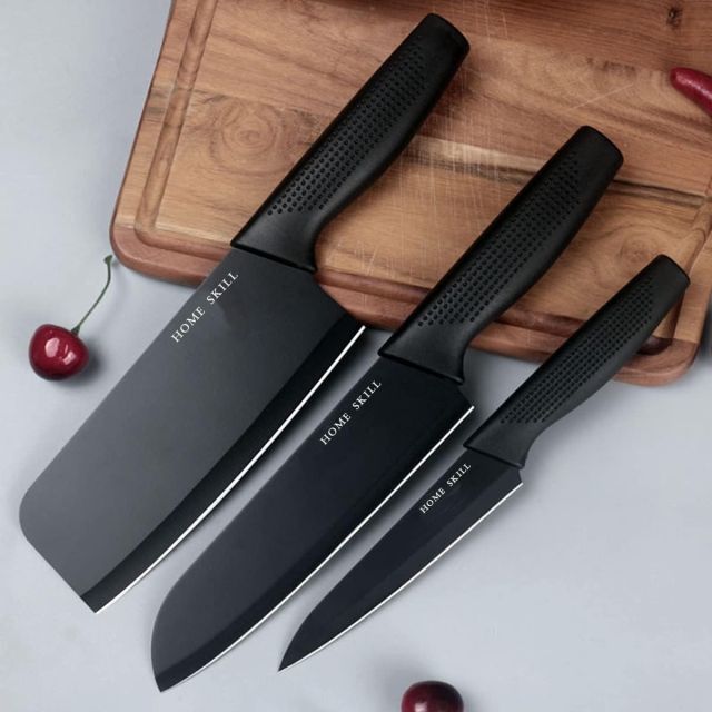 HOME SKILL®Kitchen Knife Set Stainless Steel 3 Pieces Professional Meat Knife Chef Knife with Non-Slip Ergonomic Handle Sharp Manual Sharpening for Home Kitchen High Carbon Knife Set (Black)