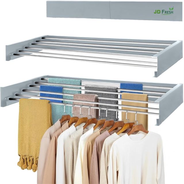JD FRESH Metal Foldable Wall Mount Clothes Hanger/Cloth Drying Stand for Balcony with 5 Rods/Collapsible Clothes Drying Rack for Laundry/Space Saver/Indoor/Outdoor(Grey)