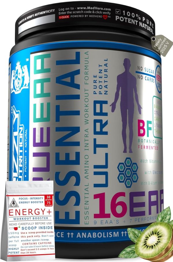 Grizzly Nutrition - Total 16 EAA's Essential Aminos, 450 Gram, Extra 30Gr Energy caffeine pack, EAA-Bcaa, Citrulline, Taurine +32 Performance boosters, Platinum grade, Kiwi crush, 2025 Edition