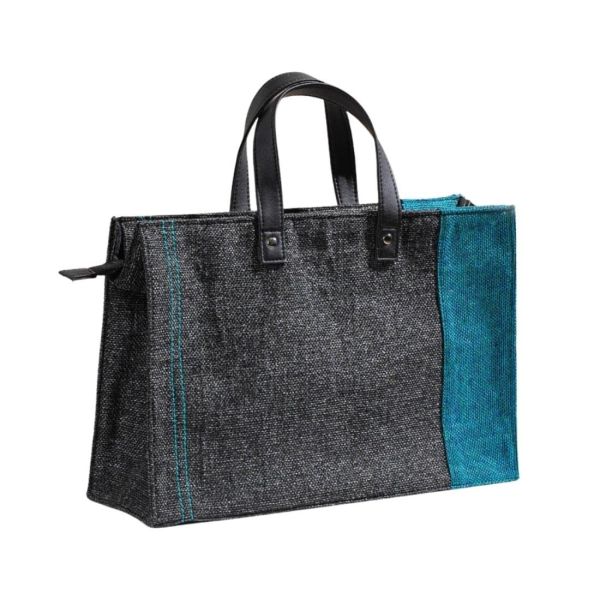 Nestasia Jute Lunch Bag for Office Men (15x10 Inch), Eco-Friendly and Washable Lunch Bags for Women and Men with Vegan Leather Handle, Black & Teal, 10 litres