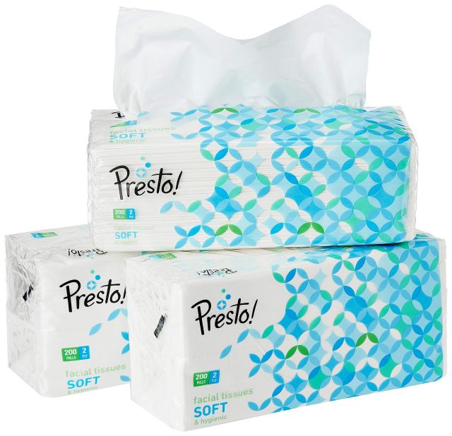 Amazon Brand - Presto! 2 Ply Facial Tissue Box | 600 Pulls | 200 Pulls X 3 Cartons | Soft And Highly Absorbent | 100% Natural Virgin Cellulose Fiber