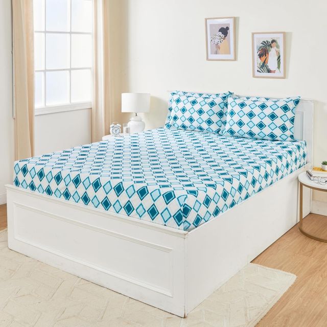 Amazon Brand - Solimo Geometric 144 TC Cotton King Size Bedsheet (Aqua)