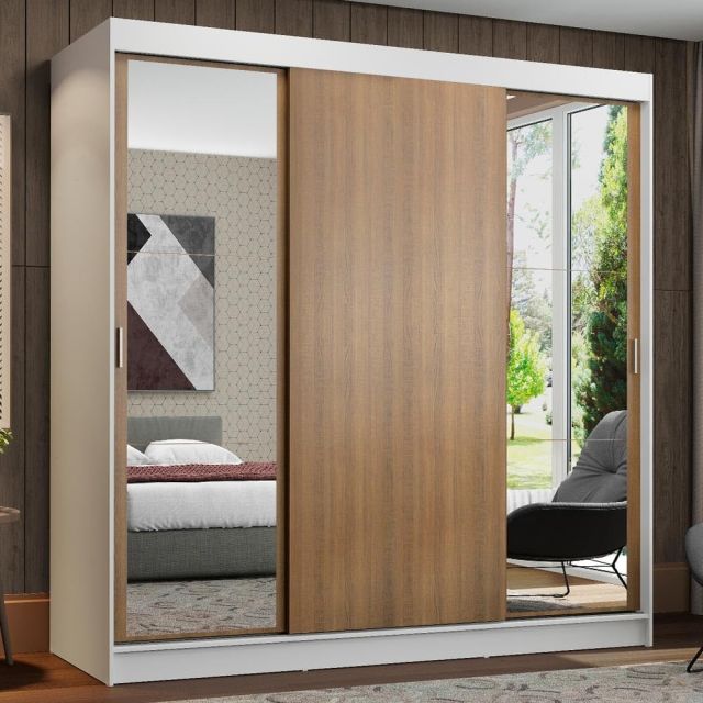 Madesa 3 Sliding Doors 2 Mirrors Wardrobe Ample Storage Wooden Almirah 180 Cm with Shelves, Drawers and Hanging Units for Bedroom - White