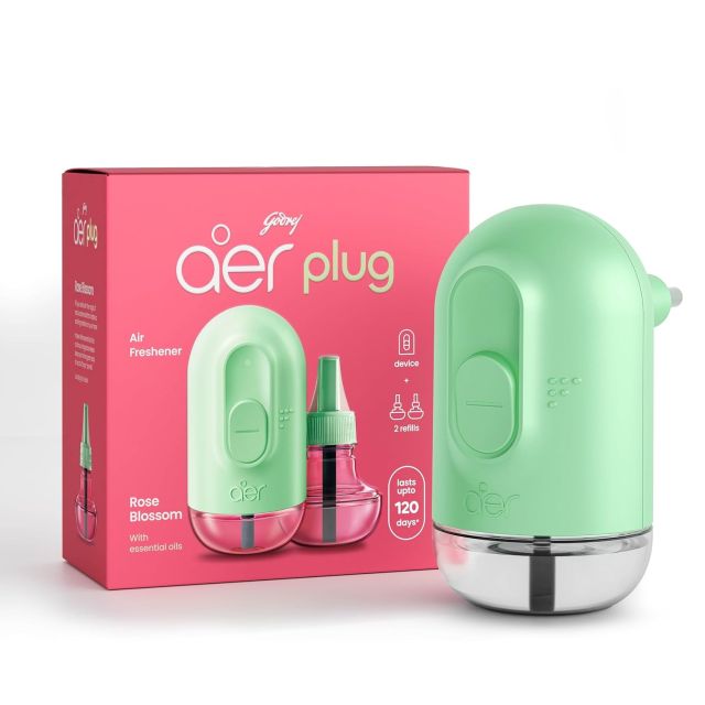 Godrej aer Plug Electric Air Freshener (Machine + 2 Refills (20 Ml each) | Rose Blossom | Lasts up to 120 days,Liquid