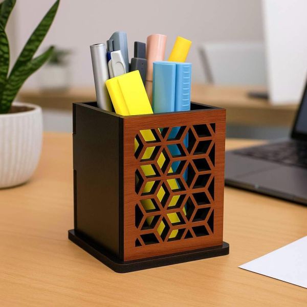 AJANTA ROYAL Decorative Wooden Pen Holder, Royal Design Pattern, Corporate Gift, 3.75 x 3.25 x 3.25 inches, PPS-13 (Brown)