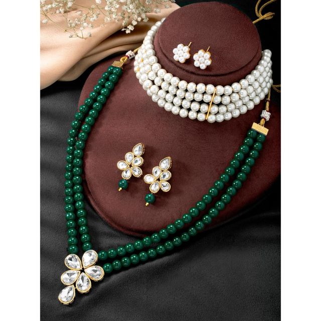 Peora Crystal Faux Pearl Kundan Necklace & Jewellery Set Gift for Women