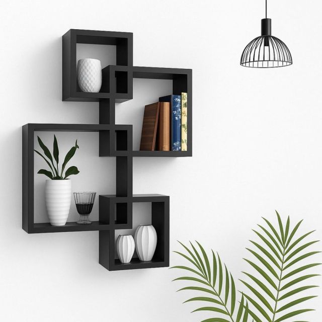FABULO Amaze Shoppee Wooden Wall Mounted Shelf Rack for Living Room Decor (Black) - Set of 4