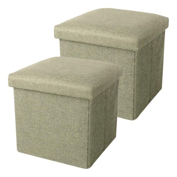 PRIME PICK Hessian Storage Stool Blue – Multi-Purpose Storage Stool with Cushion Seat, Durable & Stylish Storage Solution for Living Room, Bedroom & Entryway Brown Pack 2