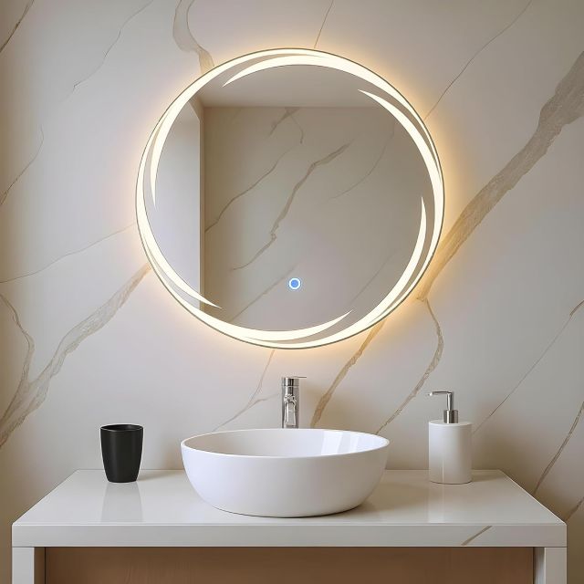 Amazon Basics Round Glass | 21 x 21 Inch Wall-Mounted LED Mirror with Smart Sensor | 3-Color Light (Warm, White, Natural)