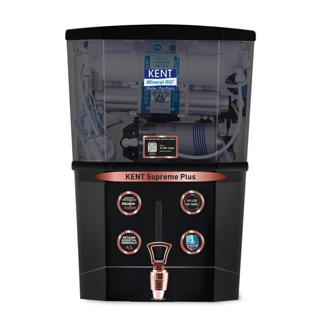 KENT Supreme Plus Alkaline+Copper RO WaterPurifier | RO+UV+UF+Alk +Cu+TDSControl+UV LED Tank|Advanced ROTech for SabseShudh Paani |Auto Flush| 8L|20LPH | Ideal for Borewell/Tanker/MunicipalWater|Black