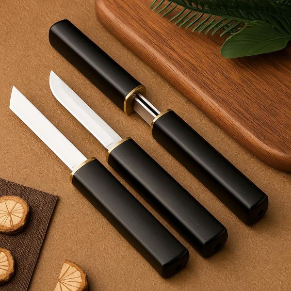 Machado Japanese-Style Mini Kantana Knife Set with Sheath – Dual Knives for Precision Cutting – Minimalist Black ABS Plastic Handle with Gold Accent – Ideal for Home