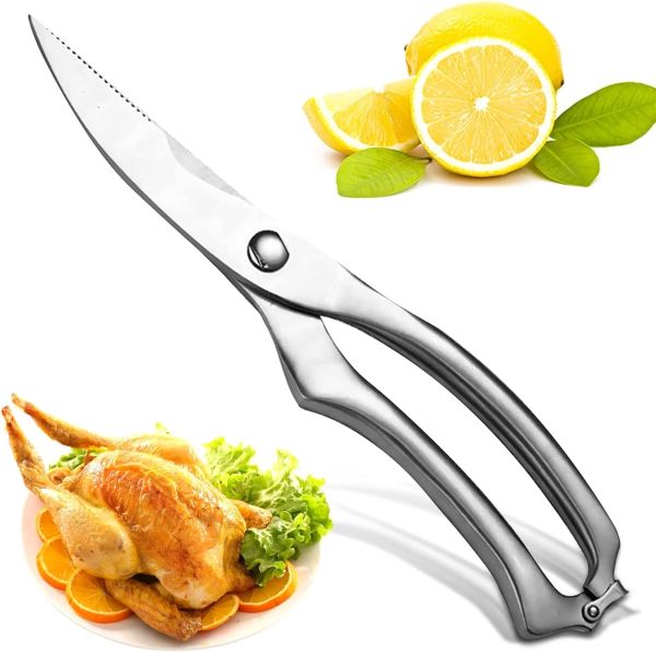 Trifecta Heavy Duty Stainless Steel Poultry Shears For Bone, Chicken, Meat, Fish, Seafood, Vegetables. Premium Spring Loaded Food Scissors. All metal Kitchen Shears(Silver)