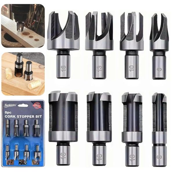Sunkizzrs® 8-Pcs Wood Plug Cutter Set (6mm/10mm/13mm/16mm) —Carbon Steel Boring Hole Saw Cutter —Claw & Straight Plug Cutters —Wood Tenon Drill Bit for Hand Drill & Bench Drill (10mm Round Shank)