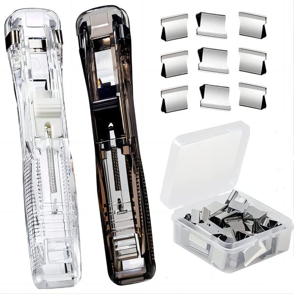 Pack of 2 Cubiz Push Stapler, Mini Office Supplies Paper Staplers with 100 Pcs Reusable Clips, Binder Clips Paper Clamps Desktop Stapler, Clam Clip Dispenser for Office Document Home School Supplies