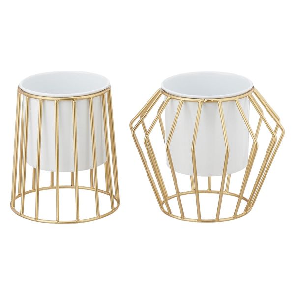 amazon basics Metallic Stand with Planters (Set of 2) | Small Pots for Home | Conical & Diamond Shape Stand (Gold)