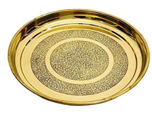 M&V CRAFT PURE Brass Embossed THALI (12 INCH) Pure Brass and Solid Design