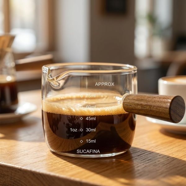 Supvox® Espresso Measuring Cup 75ml Glass with Wooden Handle Pour Spout