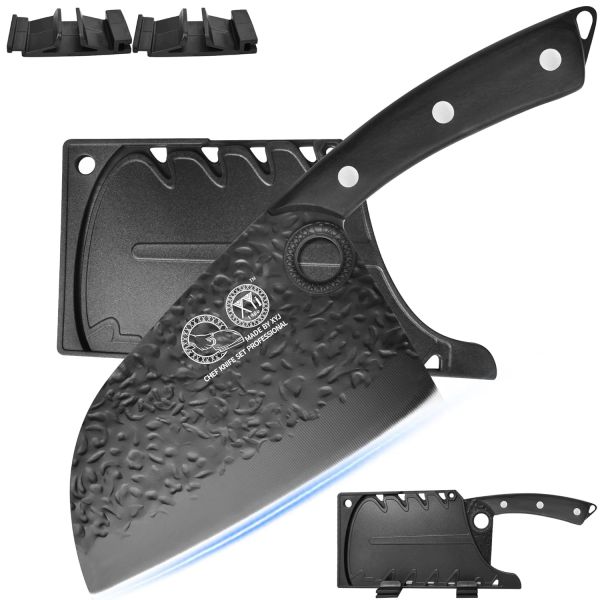 XYJ Hand Forged Serbian Meat Cleaver Chef Knife, High Carbon Steel Butcher Knife, Full Tang, Kitchen Knives for Vegetable Meat Cutting, 7 Inch Cooking Knife with Wood Handle, Hammer