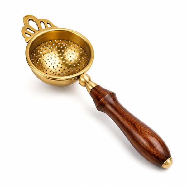 Octavius Premium Brass Tea Strainer with Wooden Handle (5 cms Base Diameter) | Handmade Loose Leaf Tea Infuser for Chai & Herbal Tea