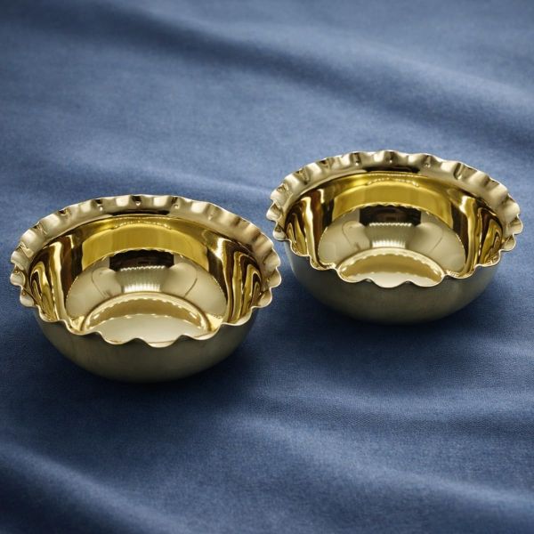 Brass Decorative Bowl Set, Gold Finish, Scalloped Edge Design, 10 cm Diameter, 4 cm Height (Pack of 2)
