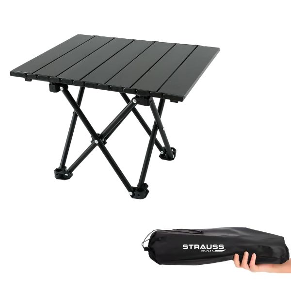 STRAUSS Foldable Table for Travelling | Portable Camping Table with Aluminum & Carbon Steel Body | Foldable Picnic Table with a Carry Bag | Anti Slip Foot | Roll-Up Table Tope (Black)