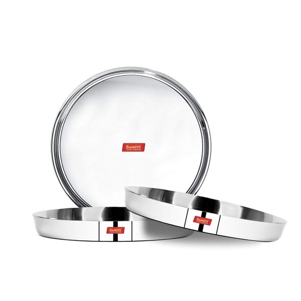 Sumeet 22 Gauge Stainless Steel Traditional Dinner Plate/Thali 30.7Cm (2.5Ltr) - set of 3pc