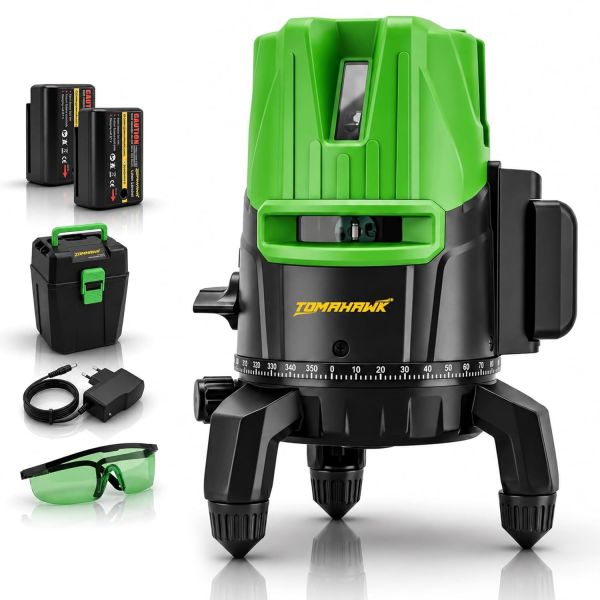 TOMAHAWK® Plastic Professional 2-Line 3D Cross Self Leveling Laser Level, Horizontal and Vertical Green Laser Line (02-N-2Line level) | Heavy Duty & Durable Build