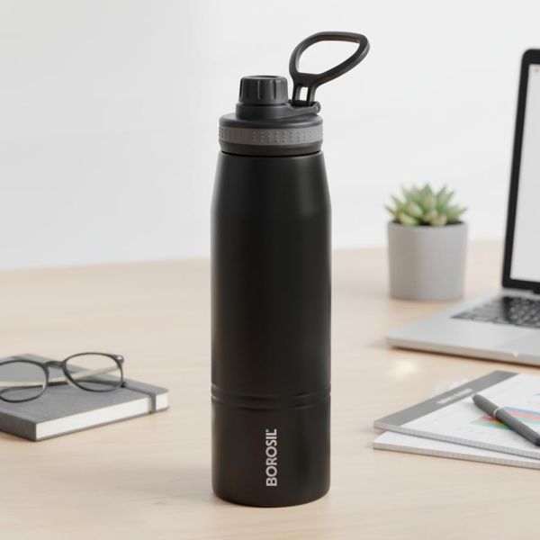 Borosil Stainless Steel Water Bottle | ISI Certified Made in India | Double Wall Vacuum Insulated Flask | for Office, School, Gym & Travel | 1 Year Warranty (Black)