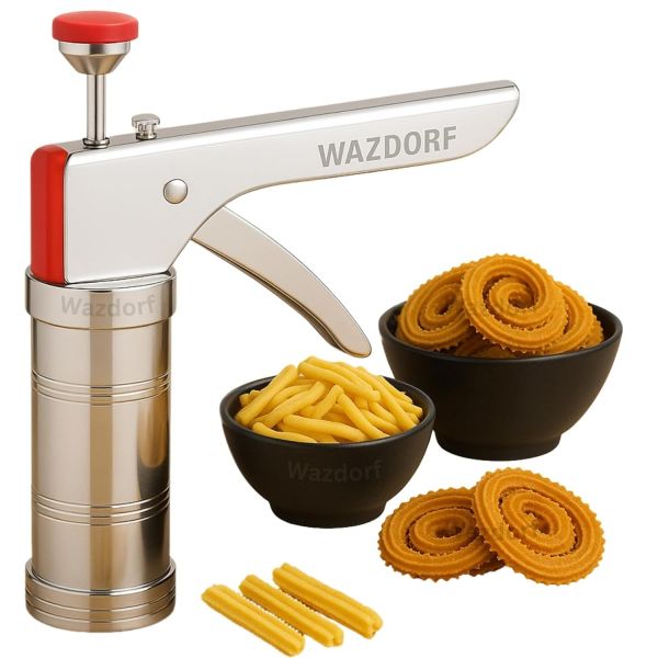 Wazdorf Stainless Steel Kitchen Press | Idiyappam Maker Machine with 15 Different Types of Jalies | Murukku Machine | Bhujiya Maker | Noodles | Namkeen | Chakali Maker | Sev Maker | Gathiya Maker