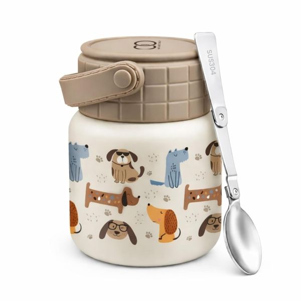 ONE AND ONLY Kids Steel Food Jar 450ml with Foldable Spoon |Lunch Box | Leak-Resistant Lid, Wide Mouth, Silicone Carry Handle & Anti-Skid Base | Brown |