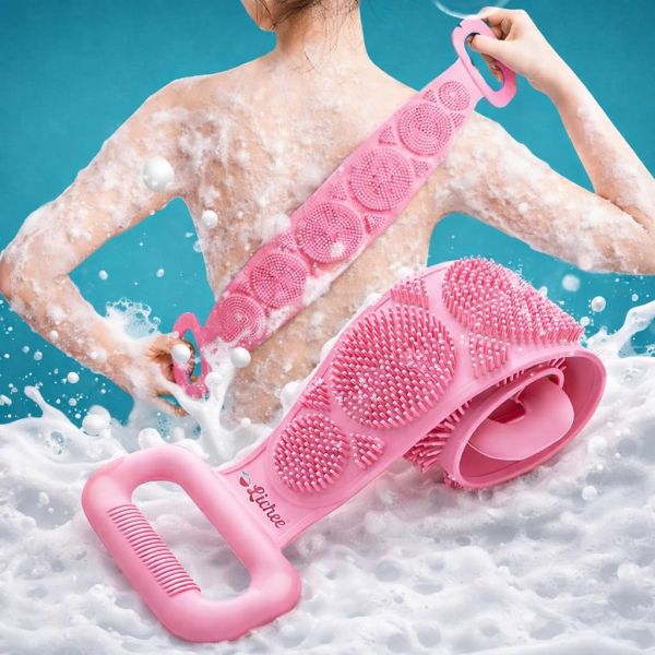 Long Handle Silicone Back Scrubber for Bath, Double-Sided Exfoliating Body Brush with Grip Handles, Deep Cleansing Shower Loofah for Men & Women (2, Light Green)