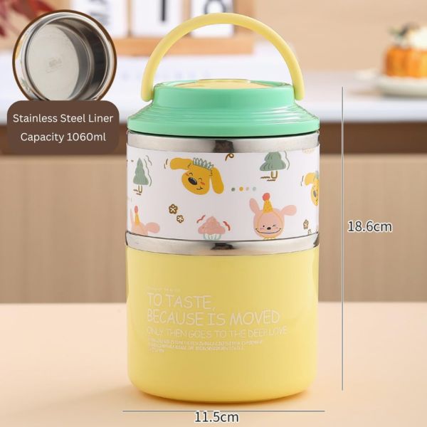 Insulated Stainless Steel 1060ml Lunch Box with 350ml Tumbler | Leakproof Hot Cold Food Container | BPA-Free Cute Tiffin Box for Kids, School, Office, Travel, Picnic Combo (Yellow Lunch Box)