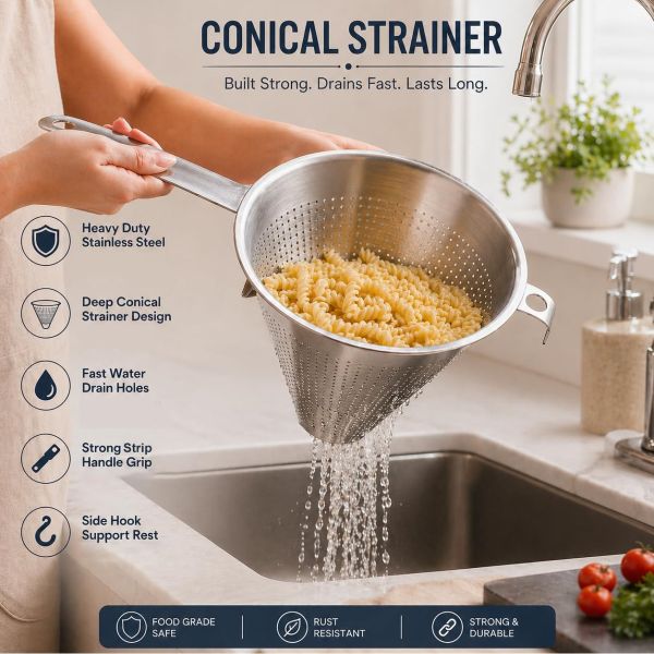 KMW 16cm Stainless Steel Conical Strainer with Strip Handle | Durable Kitchen Tool for Straining Sauces, Stocks & Purees | Easy-to-Clean, Precision, Silver
