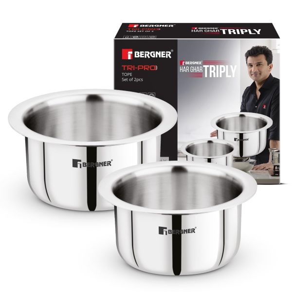 Bergner Tripro Triply Stainless Steel 2 Pcs Tope Set, Stainless Steel 14cm / 1.3 L and 16cm / 1.9 L Tope Set, Less Oil Use for Health Cooking, Even Heat Distribution, Easy to Clean - Induction Bottom