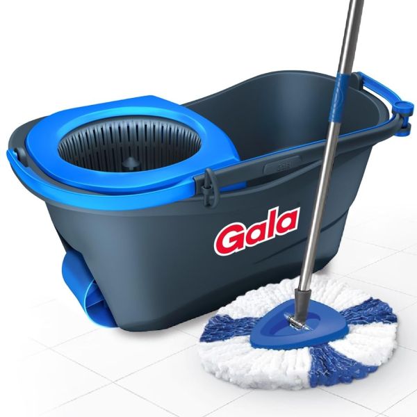 Gala Turbo Spin Mop Removes over 99?cteria,Triangular head & Easy big wheel with 2 Refills,Floor Cleaning Mop stick with Bucket, pocha for floor cleaning, Mopping Set (Grey and blue), 4 Pcs