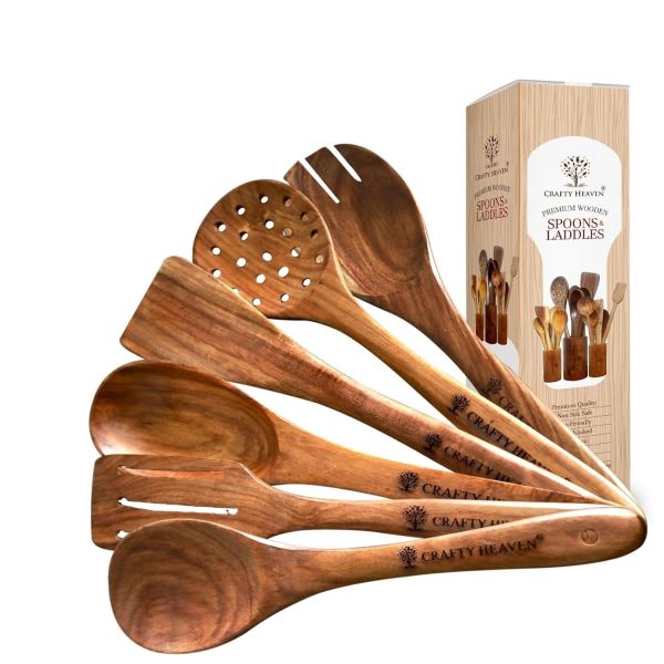 Wooden Spatualas & Ladles | Sheesham Wood Utensils for Cooking | Non-Stick Cookware Safe | Wooden Spoon Set | Handmade Kitchen Tools | Heat Resistant | Made in India - Set of 5