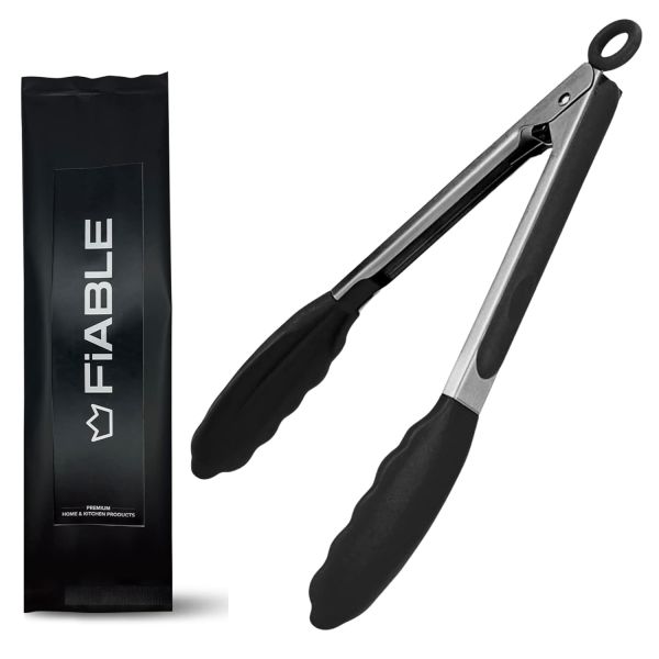 FiABLE Premium Steel and Silicone Tongs for Kitchen, Airfryer, Barbeque and Serving - 10 inch - FDA Approved Silicone, 230°C Heat Resistant - Black Tongs