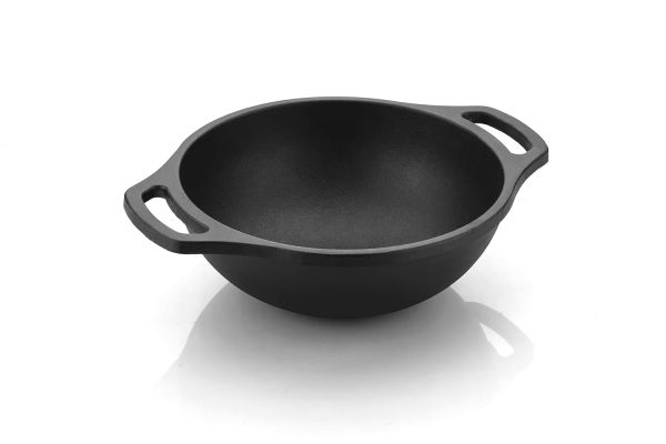 Cast Iron Kadai Pre Seasoned Kadhai Wok 20 cm Cast Iron Cookware Deep Kadai, Iron Deep Kadai, Black(8 inch)|Induction and Gas Stove Compatible