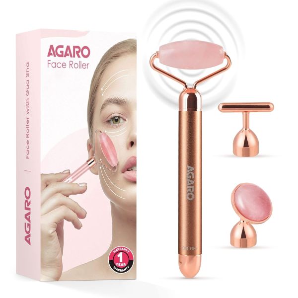 AGARO 3-In-1 Electric Rose Quartz Face Roller, Facial Roller Kit for Face, Eye, Neck, Anti-Aging Facial Massager for Anti-Wrinkles, Skin Firming and Lifting, (Rose Gold)
