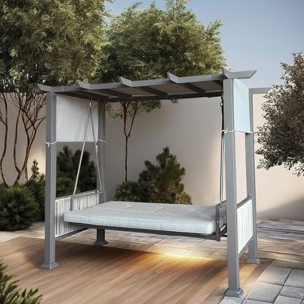 Invezo Premium Outdoor Pergola Swing Bed – Luxury 3 Seater Patio Jhula with Canopy, Convertible Daybed, Heavy Duty Metal Frame & Cushioned Garden Swing for Balcony, Lawn & Terrace (Modern Grey)