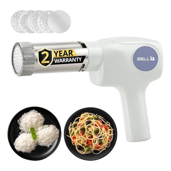 IBELL Electric Idiyappam Maker, Pasta & Noodle Maker with 5 Molds, 50Watts Power, 50 Times for Full Charge, Cordless with Rechargeable Battery(White)