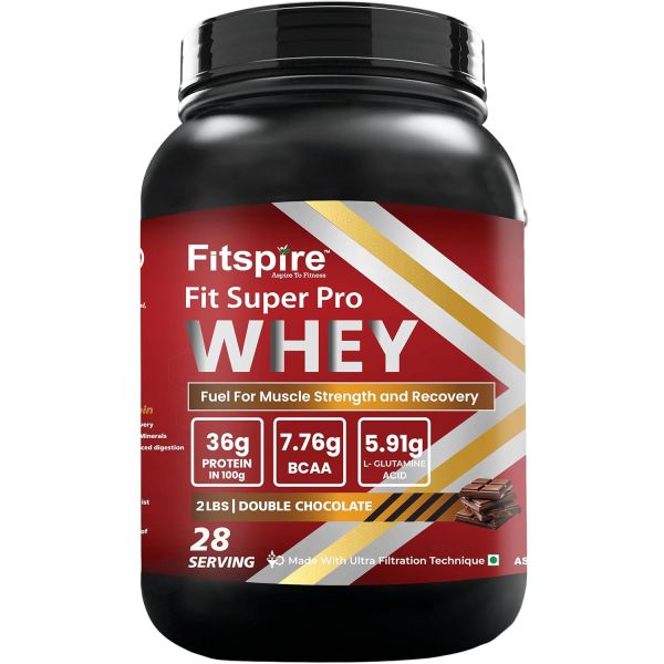 Fitspire Fit Super Pro Whey Protein Powder Double Chocolate with Shaker | 36g Protein & 7.76g BCAA Per 100g | Whey Fuel for Muscle Strength & Recovery | 28 Servings - 2 Lbs