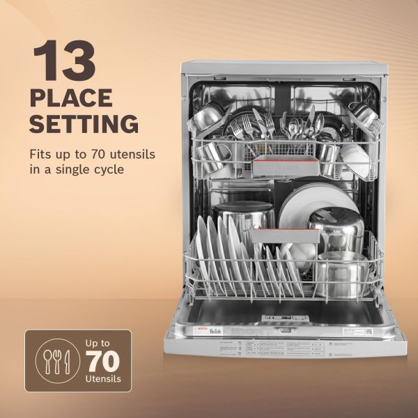 Bosch 13 Place Setting (fits up to 70 utensils) Free-Standing Dishwasher for Indian Utensils | Hygiene+ & Intensive Kadhai Program (SMS66GI01I, Silver Inox, Removes 99.9% Germs, Inbuilt Heater)