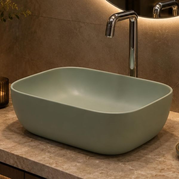 Ceramic Tabletop Wash Basin – Glossy Rectangular Countertop Vessel Sink with Marble Finish for Bathroom & Vanity | Compact 18 x 13 x 5 Inch | Elegant Washbasin
