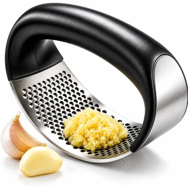 Stainless Steel Garlic Press, Portable Manual Stainless Steel Garlic Press Rocker Crusher Masher with Garlic Crusher for Kitchen Tool.(Black)